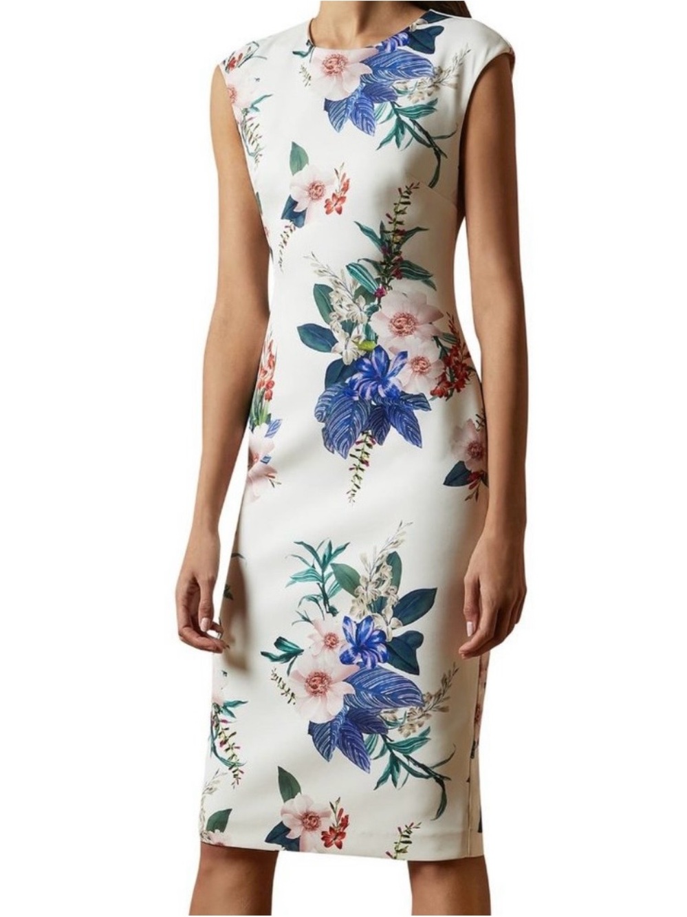 Ted Baker White Floral Sheath Midi Dress with Blue and Pink Print